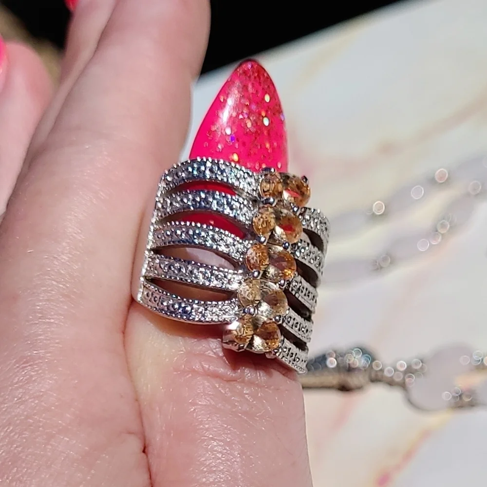 Vintage Oval Morganite Sterling Silver Stacked Ring SZ 8